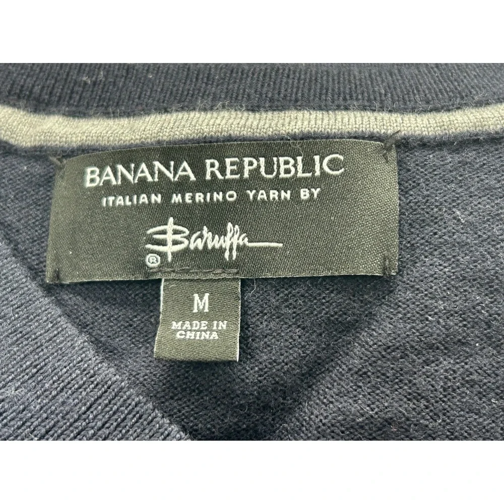 Banana Republic Men Merino Wool V-Neck Sweater Preppy Navy Blue Baruffa M 337268